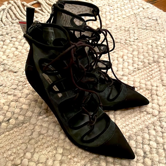 ZARA net mesh lace up booties heels shoes NWT BLACK 36 RT$90 size 6 - Picture 7 of 7